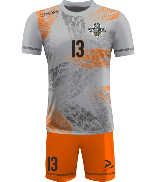 strój siatkarski męski omega 15 szaro-pomarańczowy, dynamiczny komplet meczowy do siatkówki halowej