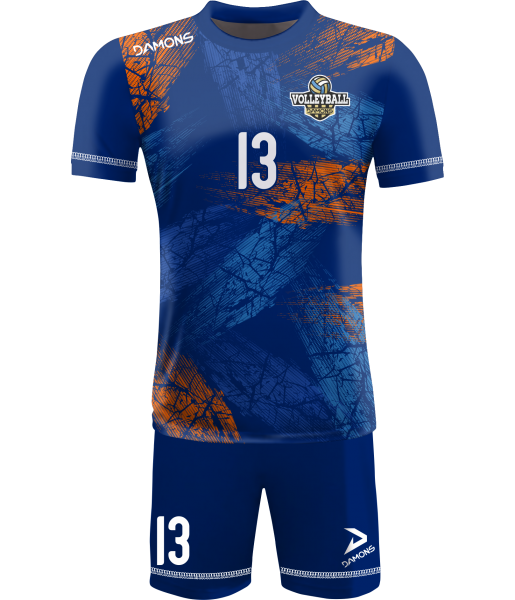 strój siatkarski męski omega 15 niebiesko-pomarańczowy, dynamiczny komplet meczowy do siatkówki