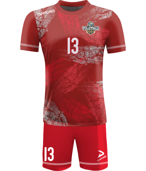 strój siatkarski męski omega 15 czerwono-szary, wyrazisty komplet meczowy do siatkówki halowej