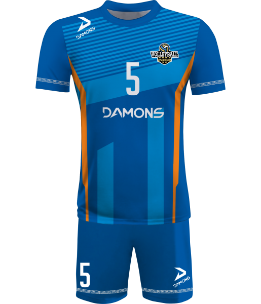 strój siatkarski męski omega 11 niebiesko-pomarańczowy, dynamiczny komplet meczowy do siatkówki halowej