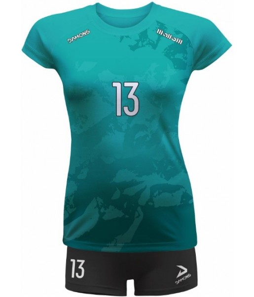 strój siatkarski damski vega pro p3 turkusowy z kryjącymi szortami i dopasowanym krojem