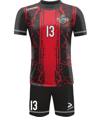 strój siatkarski męski omega 13 czarno-czerwony, mocny komplet meczowy do siatkówki halowej