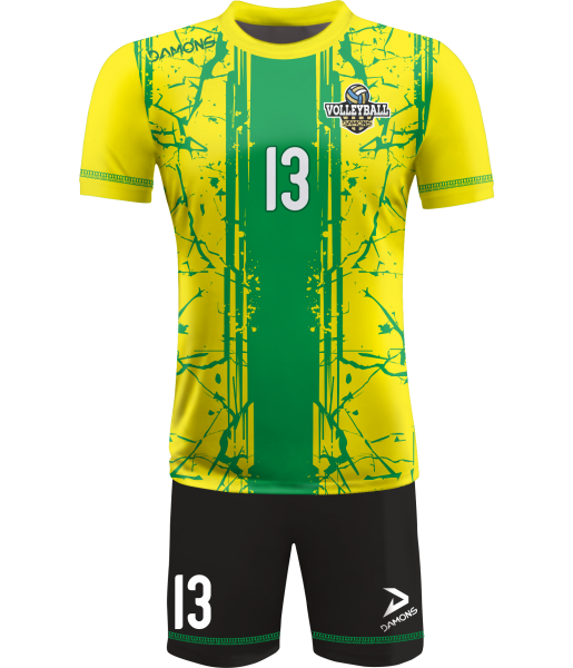 strój siatkarski męski omega 13 żółto-zielony, widoczny komplet meczowy do siatkówki halowej