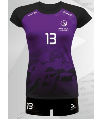 strój siatkarski damski vega pro p3 fioletowo-czarny z kryjącymi szortami i dopasowanym krojem