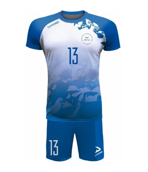 strój siatkarski defender pro pn junior biało-niebieski z pełną sublimacją do szkół i siatkówki halowej
