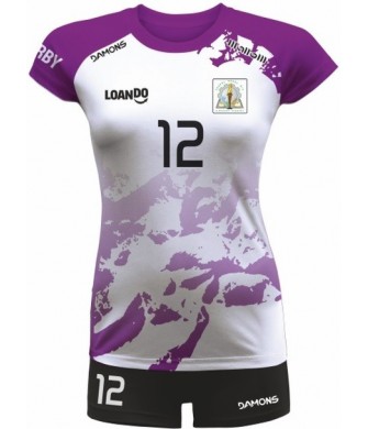 strój siatkarski damski vega pro p3 biało-fioletowy z kryjącymi szortami i dopasowanym krojem