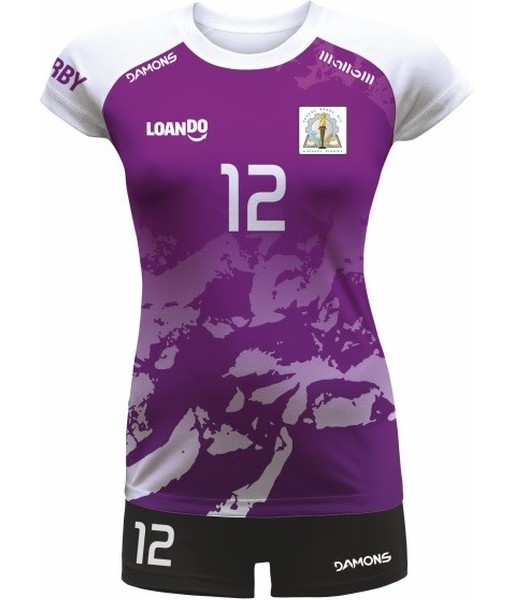 strój siatkarski damski vega pro p3 fioletowo-biały z kryjącymi szortami i dopasowanym krojem