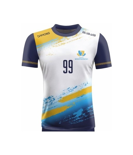 koszulka siatkarska męska omega 1 senior biało-niebiesko-żółta, sublimacja, szybkoschnąca na halę