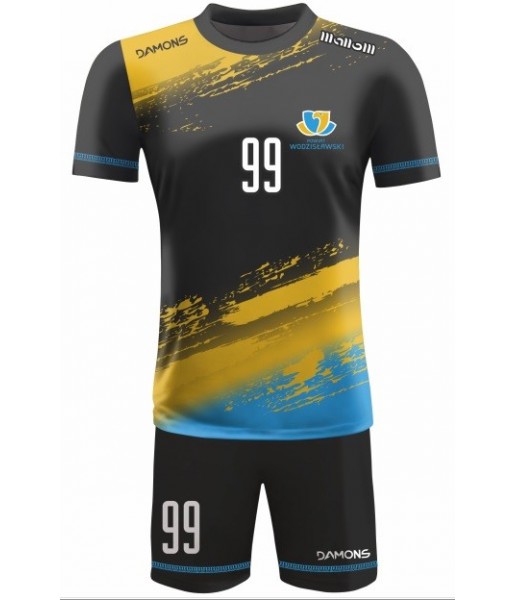 strój siatkarski męski omega 1 czarno-niebiesko-żółty, dynamiczny komplet meczowy do siatkówki halowej