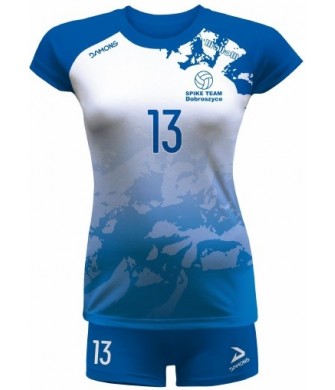 strój siatkarski damski vega pro p3 biało-niebieski z kryjącymi szortami i dopasowanym krojem