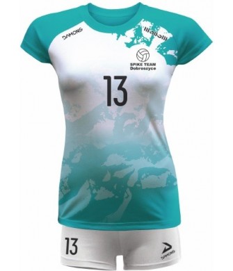 strój siatkarski damski vega pro p3 biało-turkusowy z kryjącymi szortami i dopasowanym krojem