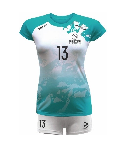 strój siatkarski damski vega pro p3 biało-turkusowy z kryjącymi szortami i dopasowanym krojem