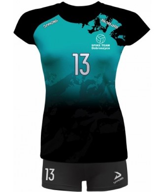 strój siatkarski damski vega pro p3 czarno-turkusowy z kryjącymi szortami i dopasowanym krojem