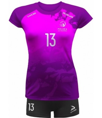 strój siatkarski damski vega pro p3 różowo-fioletowy z kryjącymi szortami i dopasowanym krojem