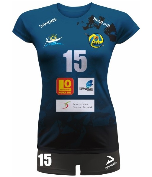 strój siatkarski dziewczęcy vega pro p3 niebiesko-czarny denim z ciemnoniebieską koszulką i czarnymi szortami
