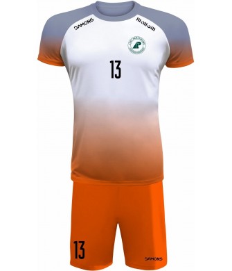 strój siatkarski defender pro pn junior biało-pomarańczowo-szary z pełną sublimacją do szkół