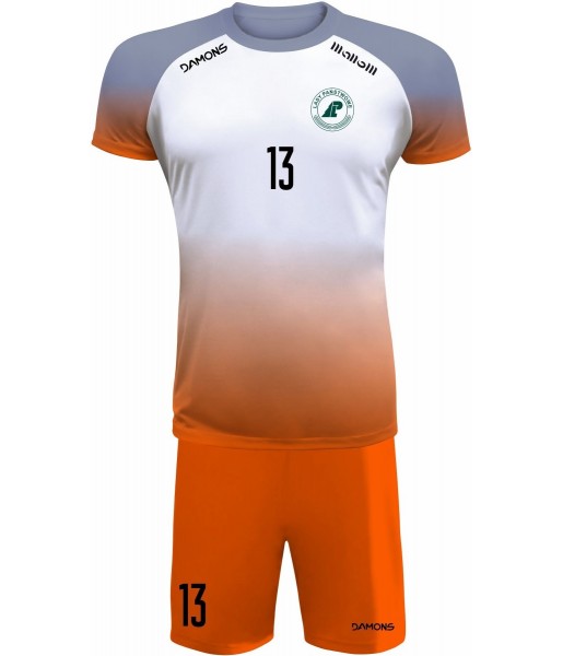 strój siatkarski defender pro pn junior biało-pomarańczowo-szary z pełną sublimacją do szkół