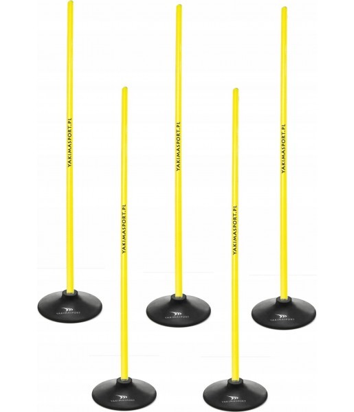 tyczki slalomowe 100 cm 5 szt żółte, gumowe podstawy, tor koordynacyjny do motoryki i slalomu
