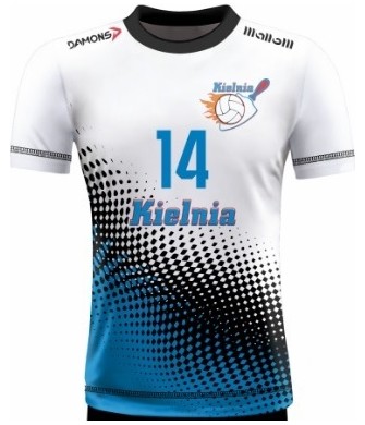 koszulka siatkarska omega 9 junior biało-niebiesko-czarna, sublimacja, szybkoschnąca do siatkówki halowej