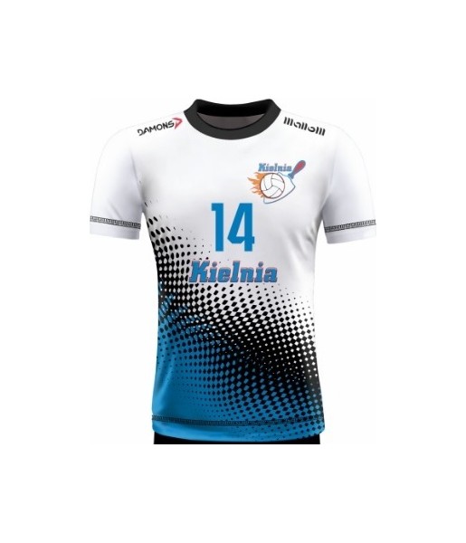 koszulka siatkarska omega 9 junior biało-niebiesko-czarna, sublimacja, szybkoschnąca do siatkówki halowej
