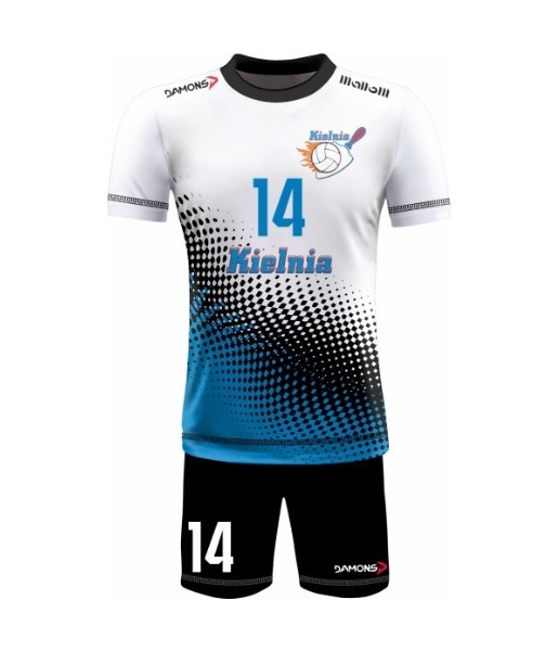 strój siatkarski omega 9 junior biało-niebiesko-czarny, komplet meczowy do siatkówki halowej