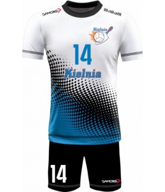 strój siatkarski męski omega 9 biało-niebiesko-czarny, wyrazisty komplet meczowy do siatkówki halowej