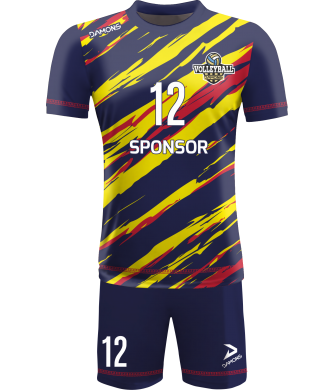 strój siatkarski męski omega 17 granatowo-żółto-czerwony, premium komplet meczowy do siatkówki halowej