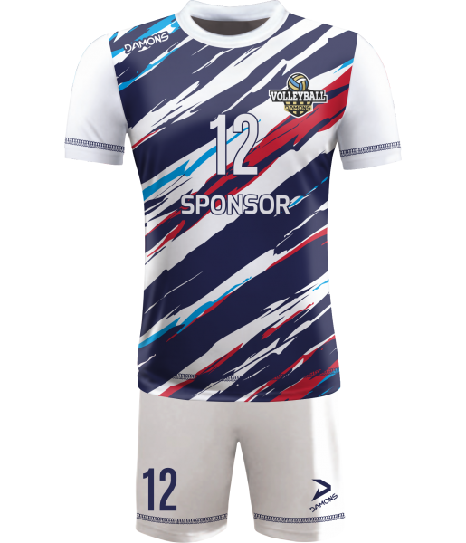 strój siatkarski męski omega 17 biało-granatowo-czerwony, premium komplet meczowy do siatkówki halowej