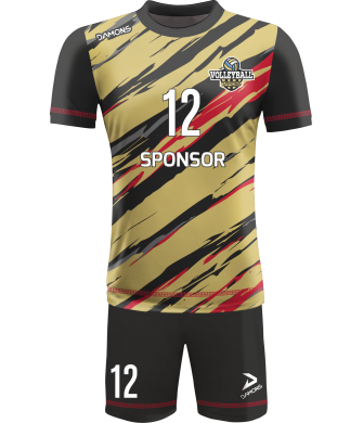 strój siatkarski omega 17 junior złoto-czarno-czerwony, premium komplet meczowy do siatkówki halowej