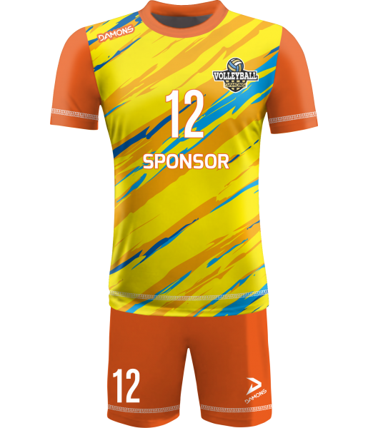 strój siatkarski omega 17 junior żółto-pomarańczowo-niebieski, premium komplet meczowy do siatkówki halowej