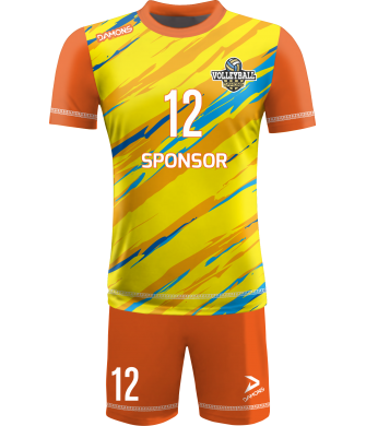 strój siatkarski męski omega 17 żółto-pomarańczowo-niebieski, premium komplet meczowy do siatkówki halowej