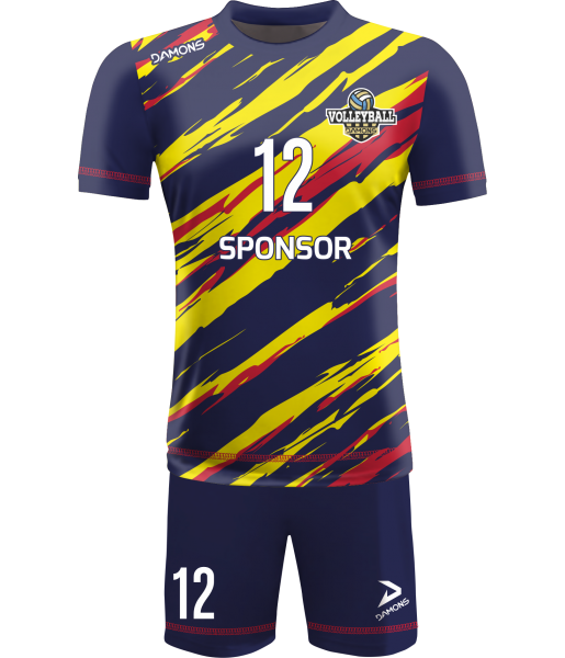 strój siatkarski omega 17 junior granatowo-żółto-czerwony, premium komplet meczowy do siatkówki halowej
