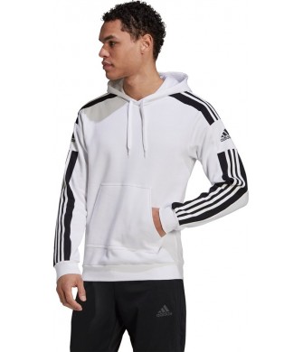 Biała bluza męska Adidas Squadra 21 Sweat Hoody z kapturem, czarnymi paskami i kieszenią kangurką