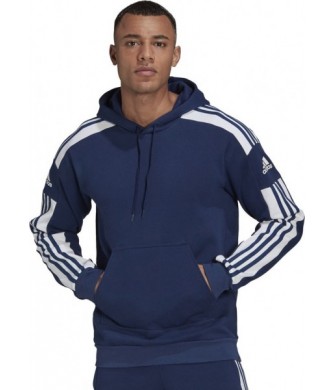 Granatowa bluza męska z kapturem Adidas Squadra 21 Sweat Hoody Team Navy Blue z kieszenią kangurką, białymi paskami i regulowany
