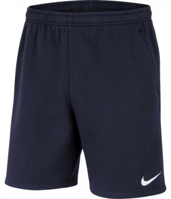 Granatowe spodenki sportowe męskie Nike Park 20 Fleece z białym logo, elastycznym pasem i bocznymi kieszeniami na zamek