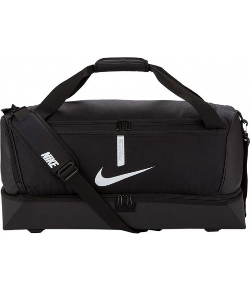 Czarna torba sportowa Nike Academy Team L Hardcase 59 l z twardym spodem, dolną komorą na mokre rzeczy i dużym białym logo Nike