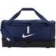 Granatowa torba sportowa Nike Academy Team L Hardcase 59 l z twardym spodem, dolną komorą na mokre rzeczy i dużym białym logo Ni