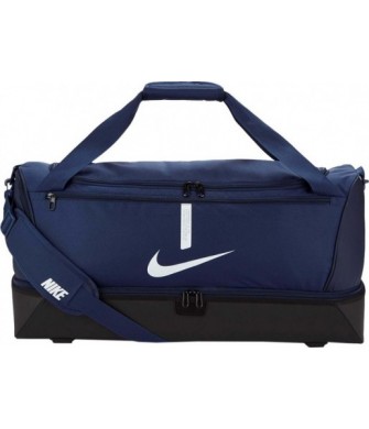 Granatowa torba sportowa Nike Academy Team L Hardcase 59 l z twardym spodem, dolną komorą na mokre rzeczy i dużym białym logo Ni