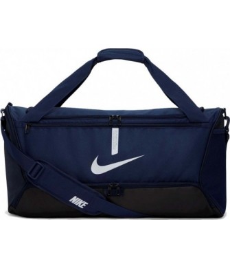 Granatowa torba sportowa Nike Academy Team 60 l z białym logo, pojemną komorą główną, dolną przegrodą i paskiem na ramię