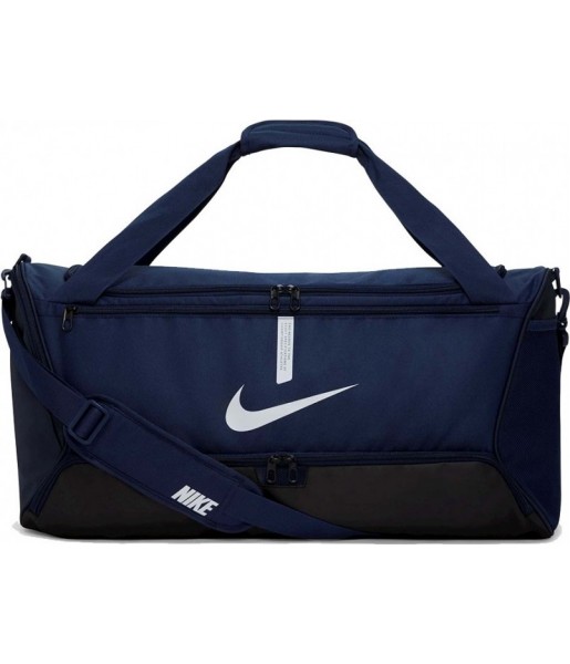 Granatowa torba sportowa Nike Academy Team 60 l z białym logo, pojemną komorą główną, dolną przegrodą i paskiem na ramię