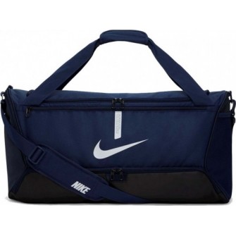 Granatowa torba sportowa Nike Academy Team 60 l z białym logo, pojemną komorą główną, dolną przegrodą i paskiem na ramię