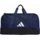 Granatowa torba sportowa Adidas Tiro League Duffel Medium 41 l IB8650 z dolną komorą, białym logo i regulowanym paskiem na ramię