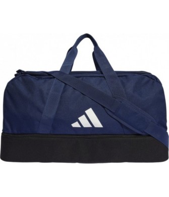 Granatowa torba sportowa Adidas Tiro League Duffel Medium 41 l IB8650 z dolną komorą, białym logo i regulowanym paskiem na ramię