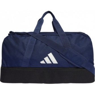 Granatowa torba sportowa Adidas Tiro League Duffel Medium 41 l IB8650 z dolną komorą, białym logo i regulowanym paskiem na ramię