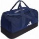 Granatowa torba sportowa Adidas Tiro League Duffel Medium 41 l IB8650 z dolną komorą, białym logo i regulowanym paskiem na ramię