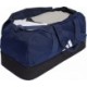 Granatowa torba sportowa Adidas Tiro League Duffel Medium 41 l IB8650 z dolną komorą, białym logo i regulowanym paskiem na ramię