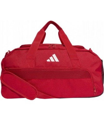 Czerwona torba sportowa Adidas Tiro League Duffel Small 25 l IB8661 z białym logo, wentylowaną przegrodą i paskiem na ramię