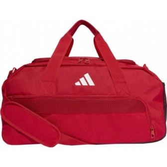 Czerwona torba sportowa Adidas Tiro League Duffel Small 25 l IB8661 z białym logo, wentylowaną przegrodą i paskiem na ramię