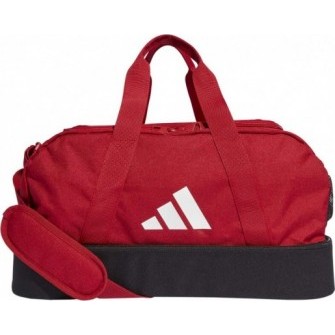 Czerwona torba sportowa Adidas Tiro League Duffel Small 31 l z dolną komorą na buty, białym logo i regulowanym paskiem