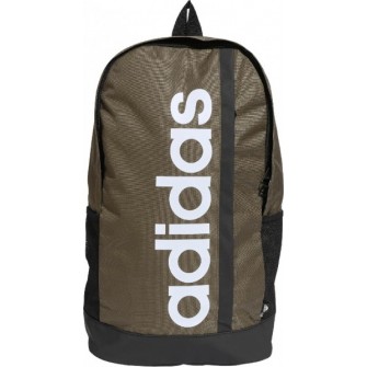 Zielony khaki plecak sportowy Adidas Essentials Linear 23 l z białym logo, bocznymi kieszeniami i regulowanymi szelkami